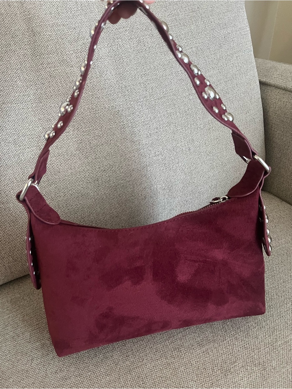 Source Unknown Suede Shoulder Bag - Burgundy with Silver Studs